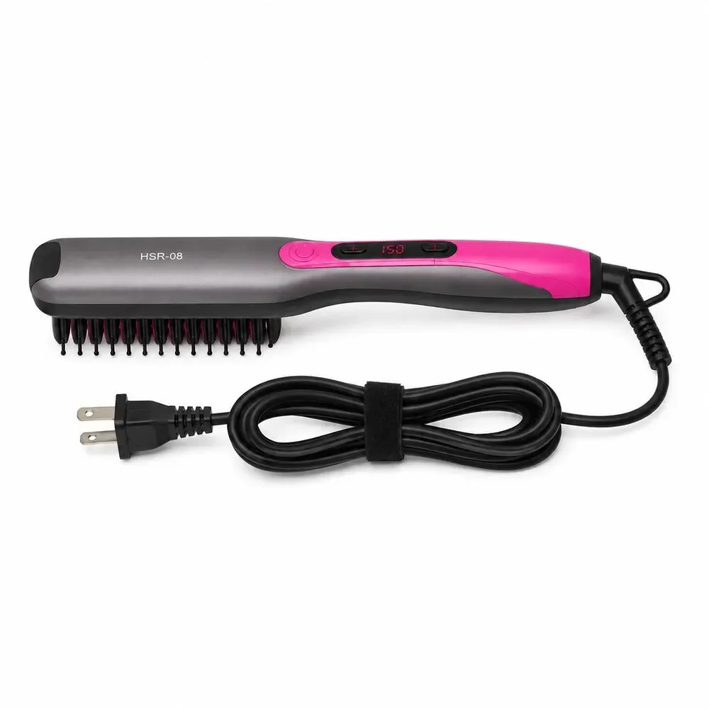 HSR-08 Hair Straightener Brush with LCD Temperature Display- Gray/Pink